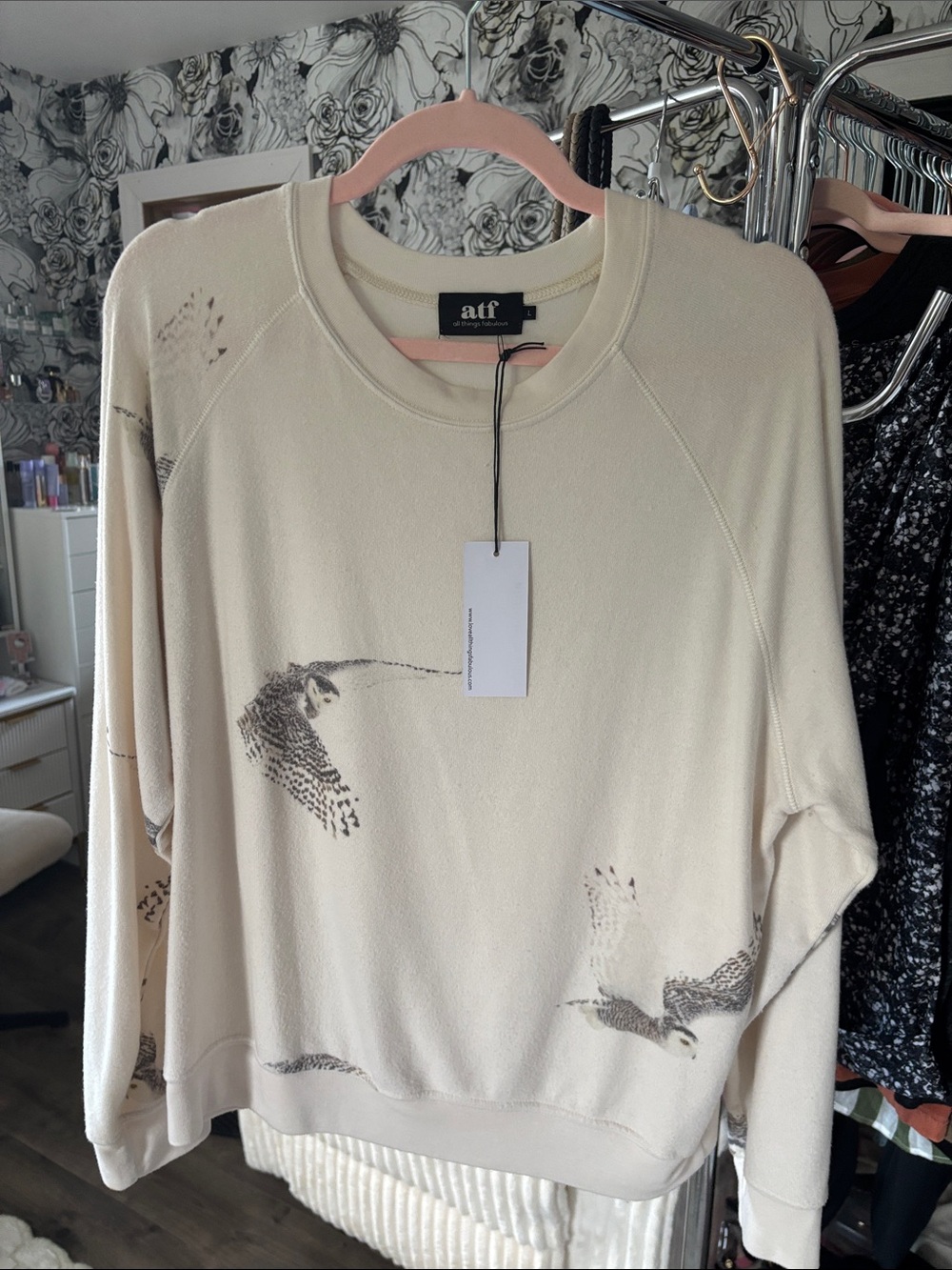 All Things Fabulous Cream Crewneck Sweater with Owl Print